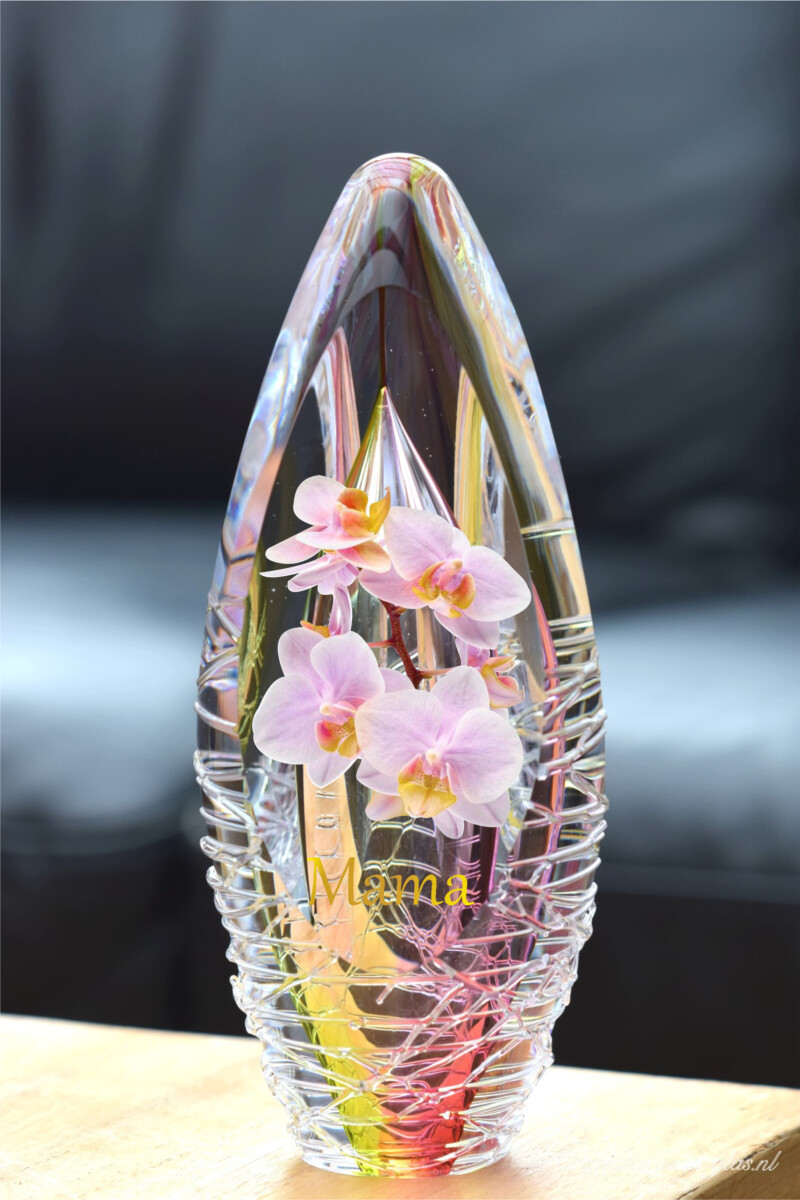 crematie-as-urn-glas-design-bloem-naam-orchidee-pink-geel-crematieasinglas.nl
